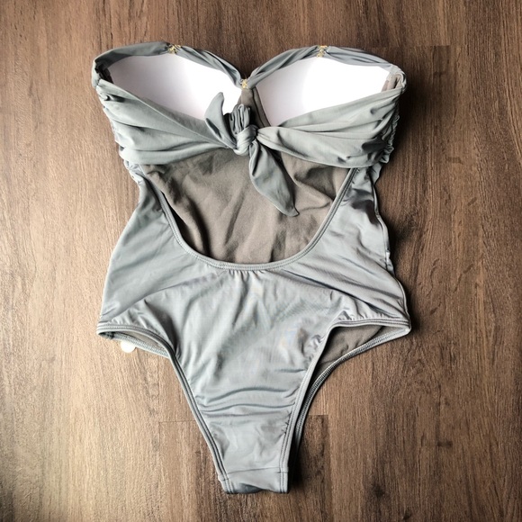 Agua De Coco Padded One-Piece Swimsuit Brazilian Strapless Grey Ruched Size M - Picture 2 of 12